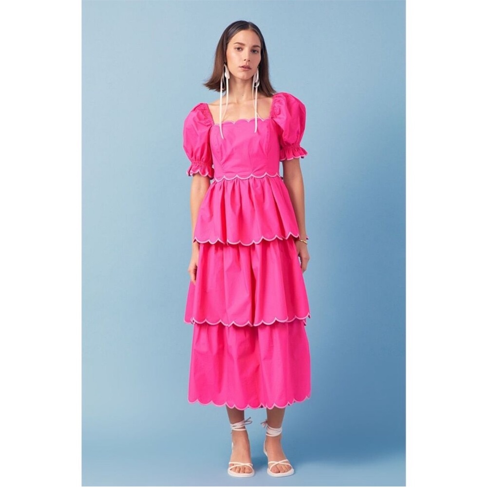 Pink Tea Party Tiered Scallop Maxi Dress | Size Small | Brand New MSRP $185 - Picture 2 of 2